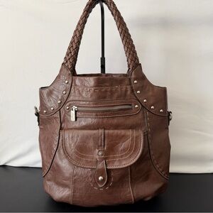 Levi’s Brown Smooth Vinyl Shoulder Bag – Braided Handle + Dual Front Pockets